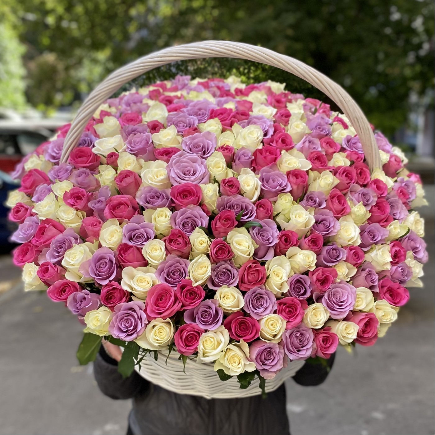 301 роза Нежный МИКС в корзине